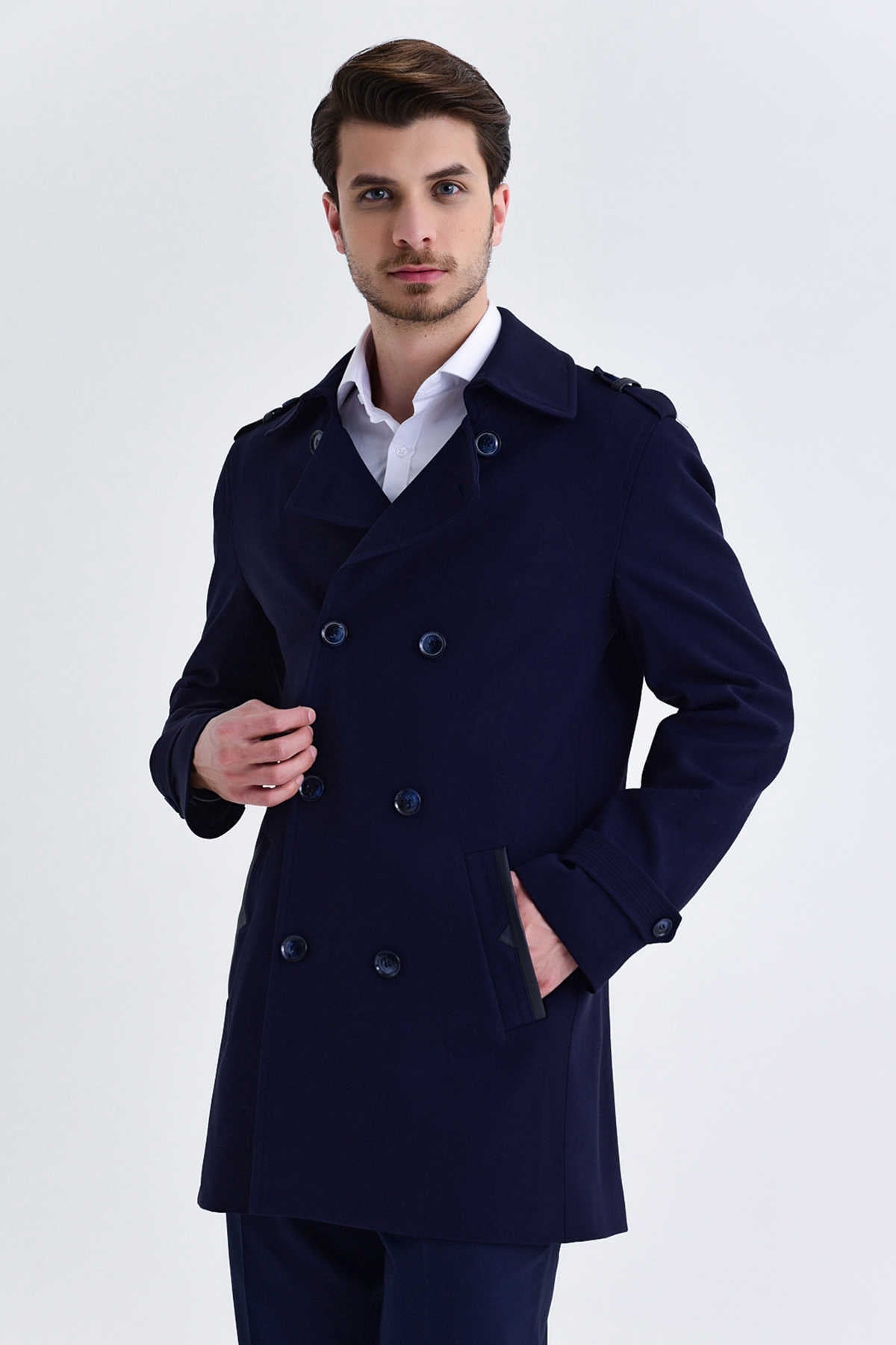 Slim Fit Notch Lapel Versus Wool Navy Long Coat Navy - MIB