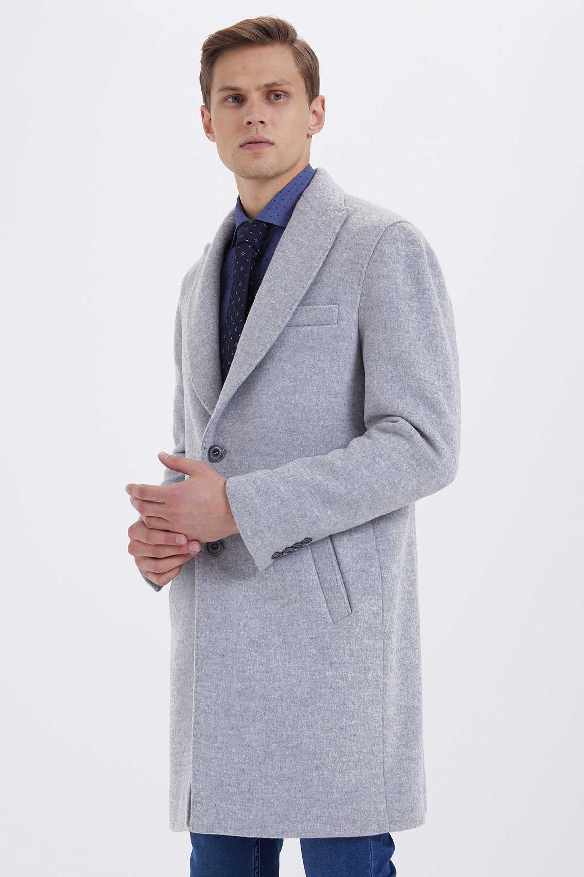 Slim Fit Notch Lapel Viloino Wool Light Gray Overcoat Light