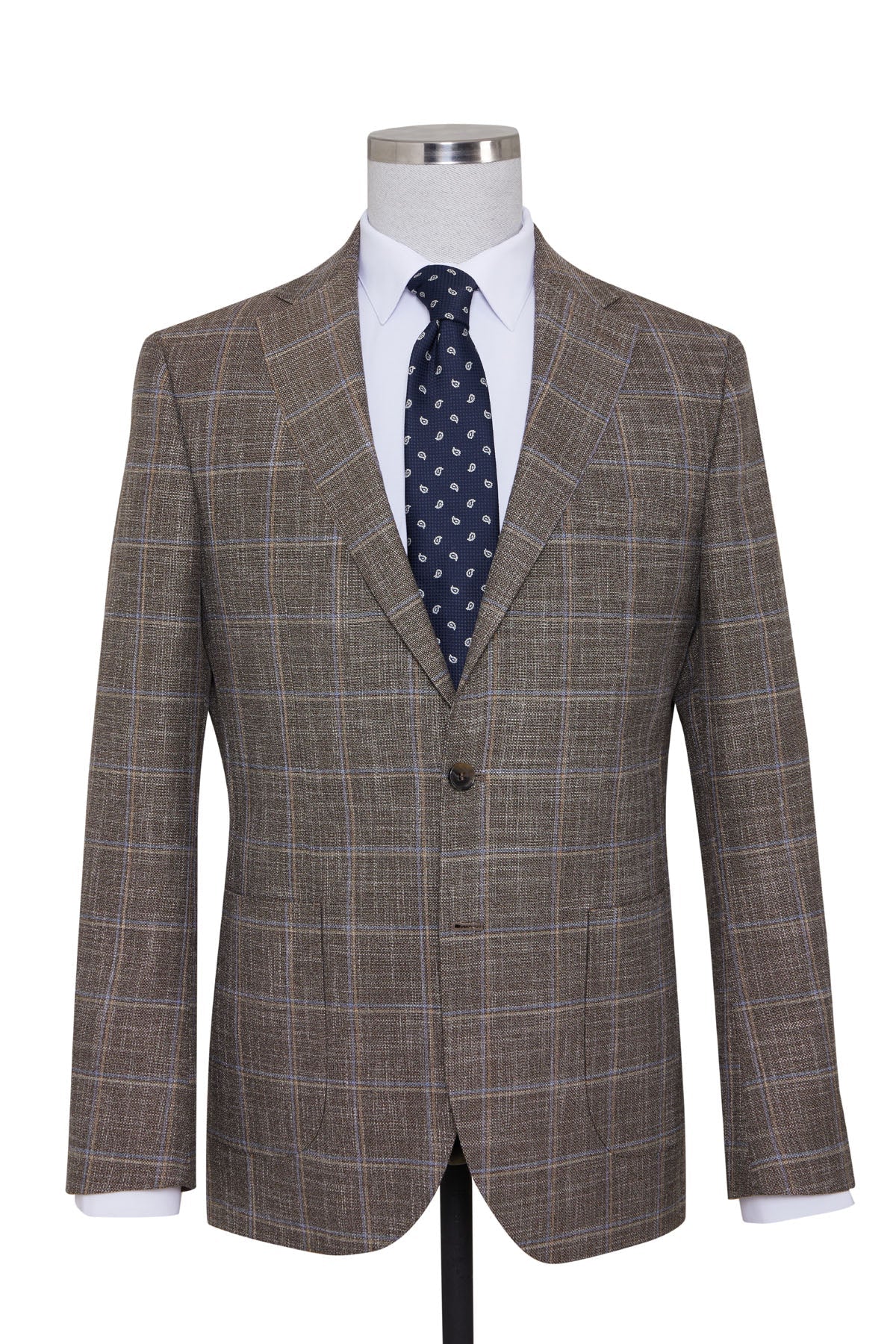 Slim Fit Notch Lapel Windowpane Plaid Brown Casual Blazer