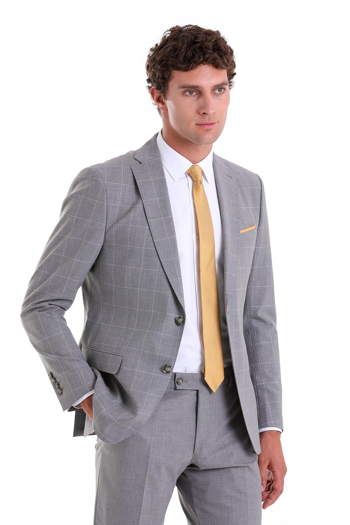 Slim Fit Notch Lapel Windowpane Wool Blend Gray Casual Suit