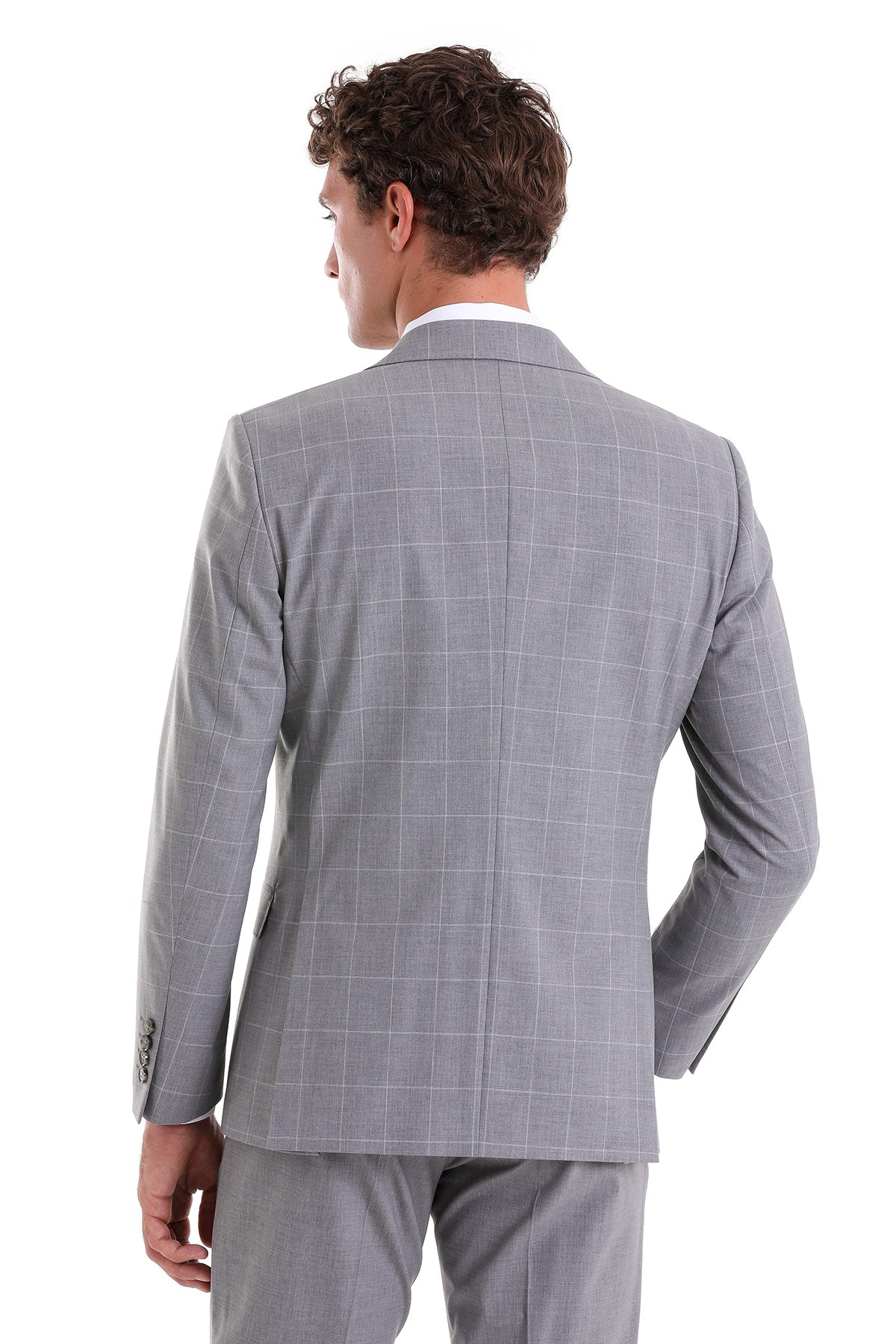 Slim Fit Notch Lapel Windowpane Wool Blend Gray Casual Suit