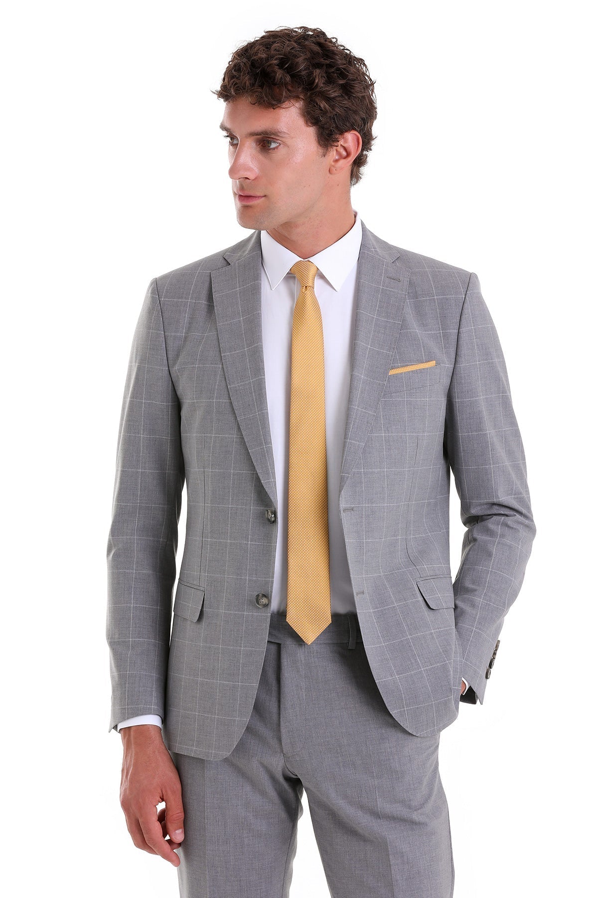 Slim Fit Notch Lapel Windowpane Wool Blend Gray Casual Suit