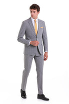 Slim Fit Notch Lapel Windowpane Wool Blend Gray Casual Suit