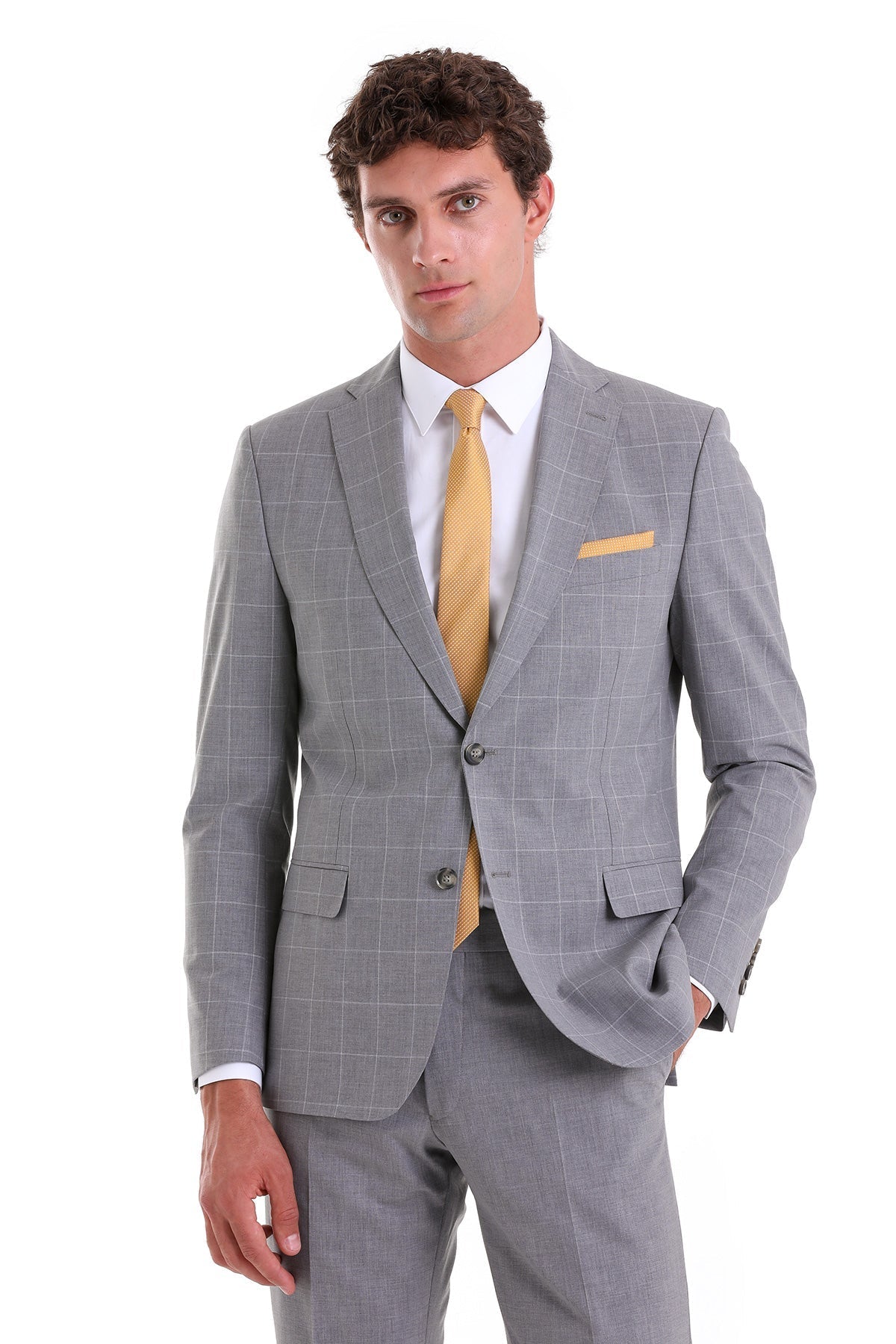 Slim Fit Notch Lapel Windowpane Wool Blend Gray Casual Suit