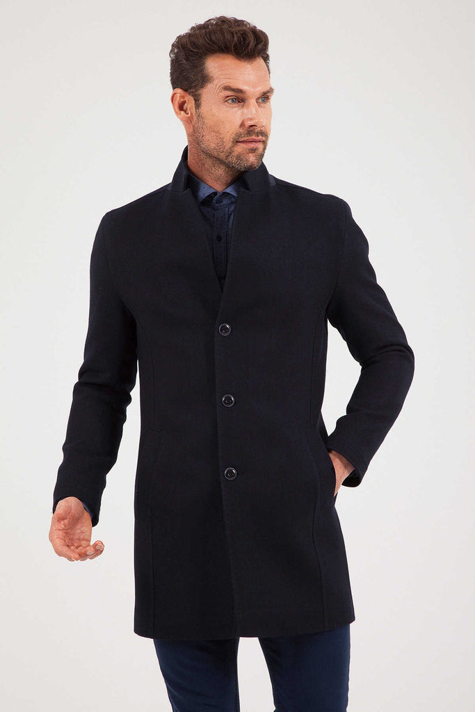 Slim Fit Notch Lapel Wool Blend Dark Navy Overcoat Dark