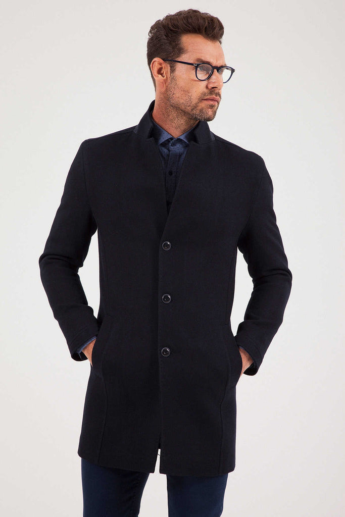 Slim Fit Notch Lapel Wool Blend Dark Navy Overcoat Dark