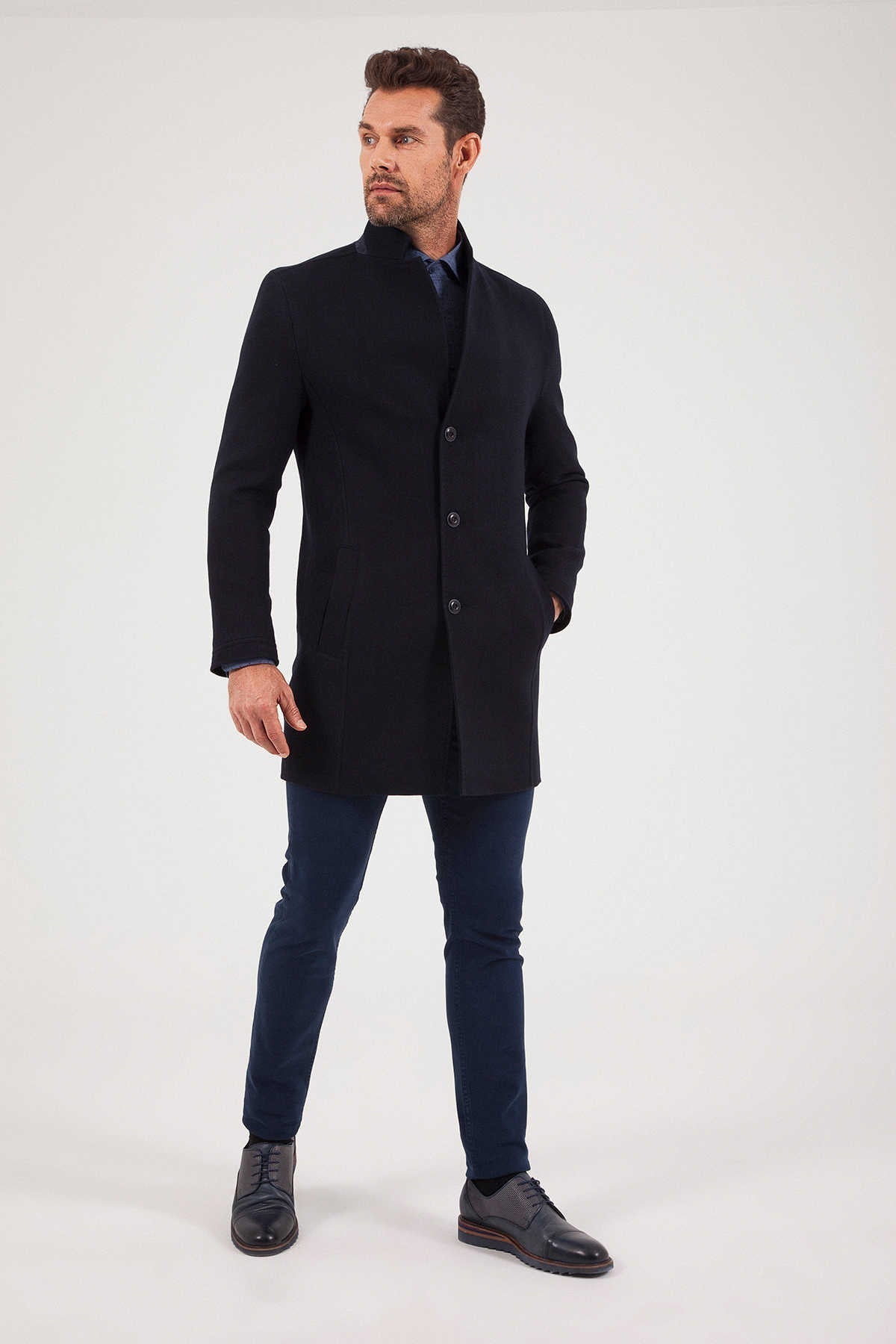 Slim Fit Notch Lapel Wool Blend Dark Navy Overcoat Dark