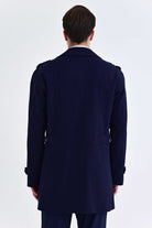 Slim Fit Notch Lapel Wool Blend Navy Long Coat - MIB