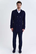 Slim Fit Notch Lapel Wool Blend Navy Long Coat - MIB