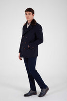 Slim Fit Notch Lapel Wool Blend Navy Overcoat Navy - MIB