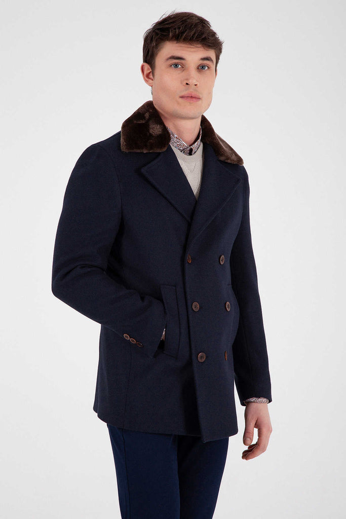 Slim Fit Notch Lapel Wool Blend Navy Overcoat Navy - MIB