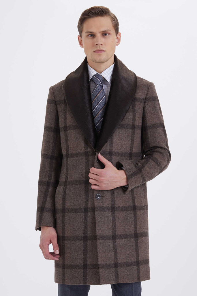 Slim Fit Notch Lapel Wool Brown Overcoat Brown K. - MIB