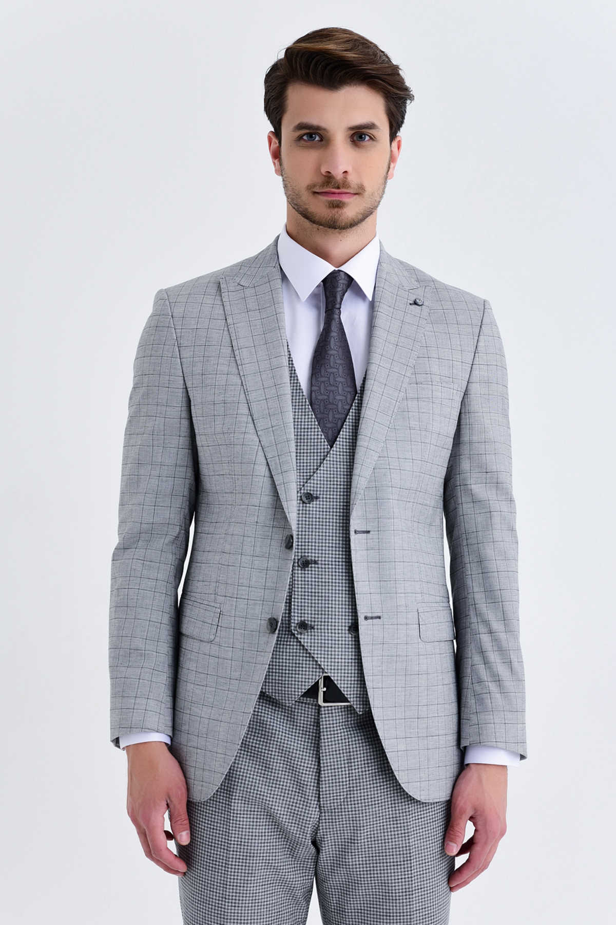 Slim Fit Notch Lapel Wool Casual Suit with Vest Gray K.