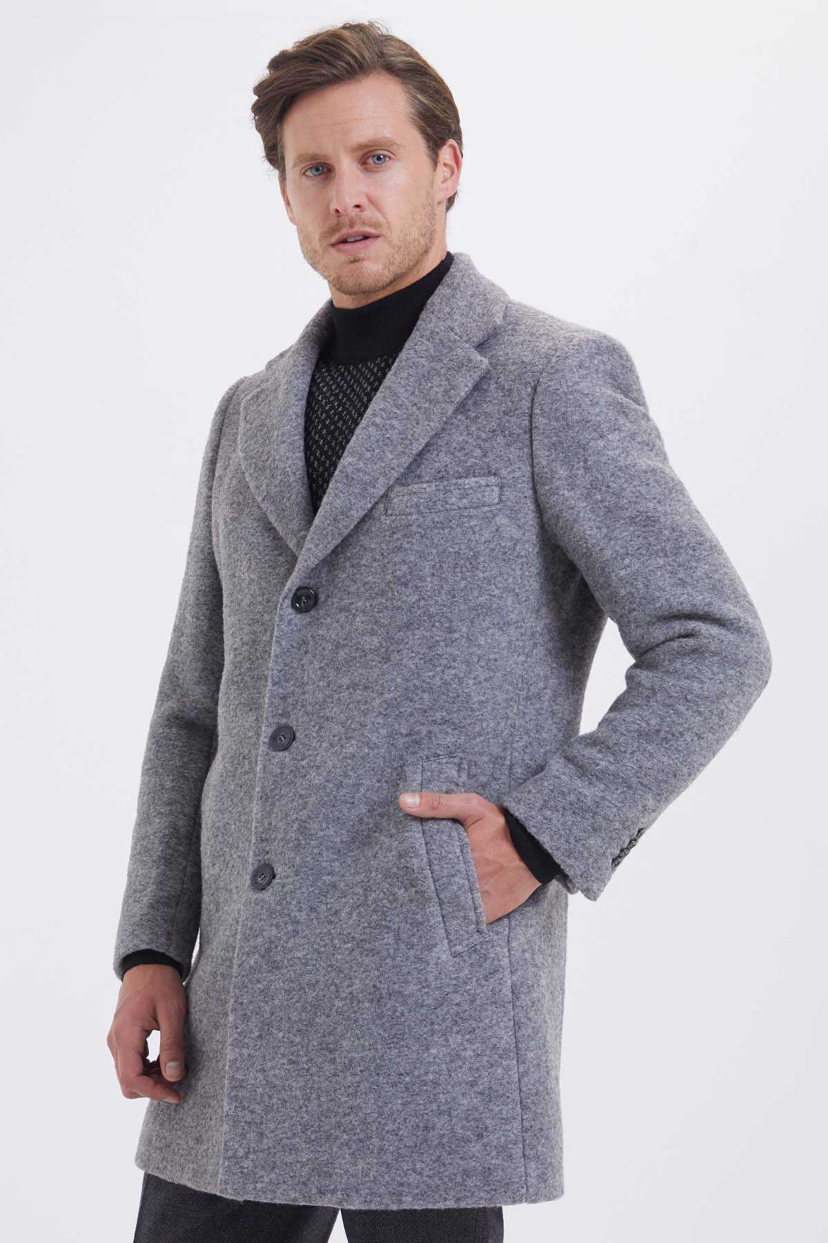 Slim Fit Notch Lapel Wool Gray Overcoat Gray D. - MIB