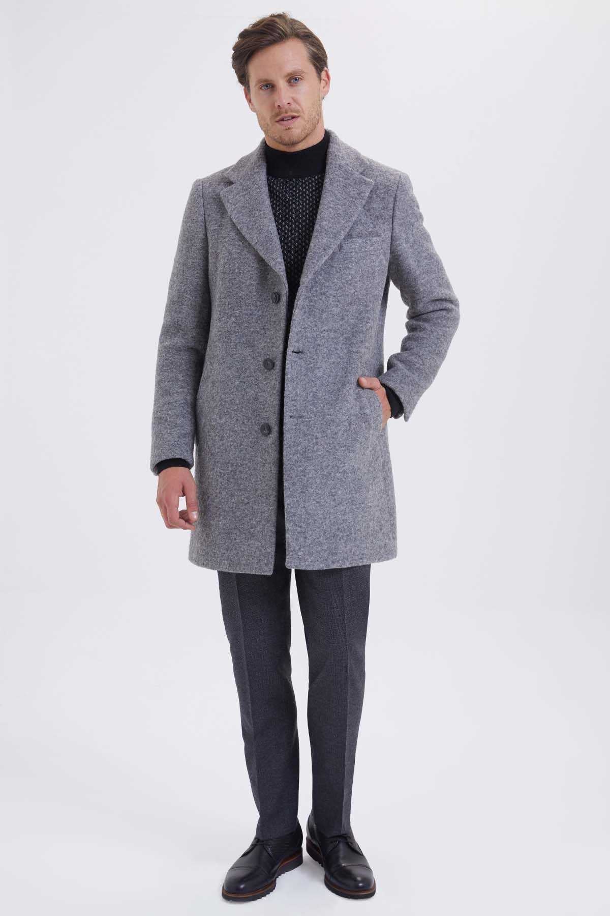 Slim Fit Notch Lapel Wool Gray Overcoat Gray D. - MIB