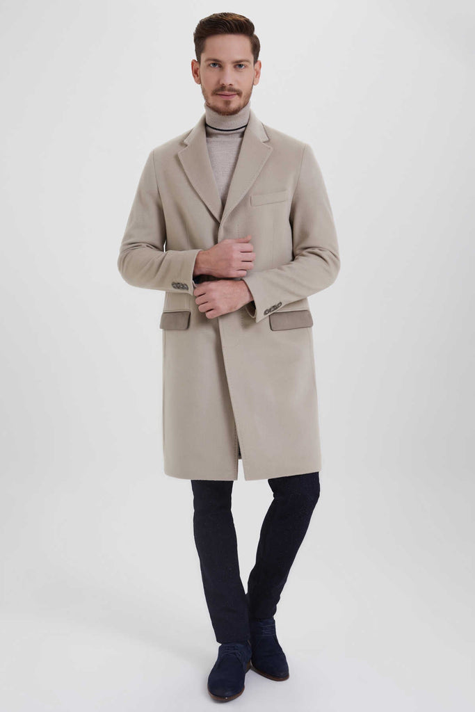 Slim Fit Notch Lapel Wool Light Beige Overcoat Light Beige