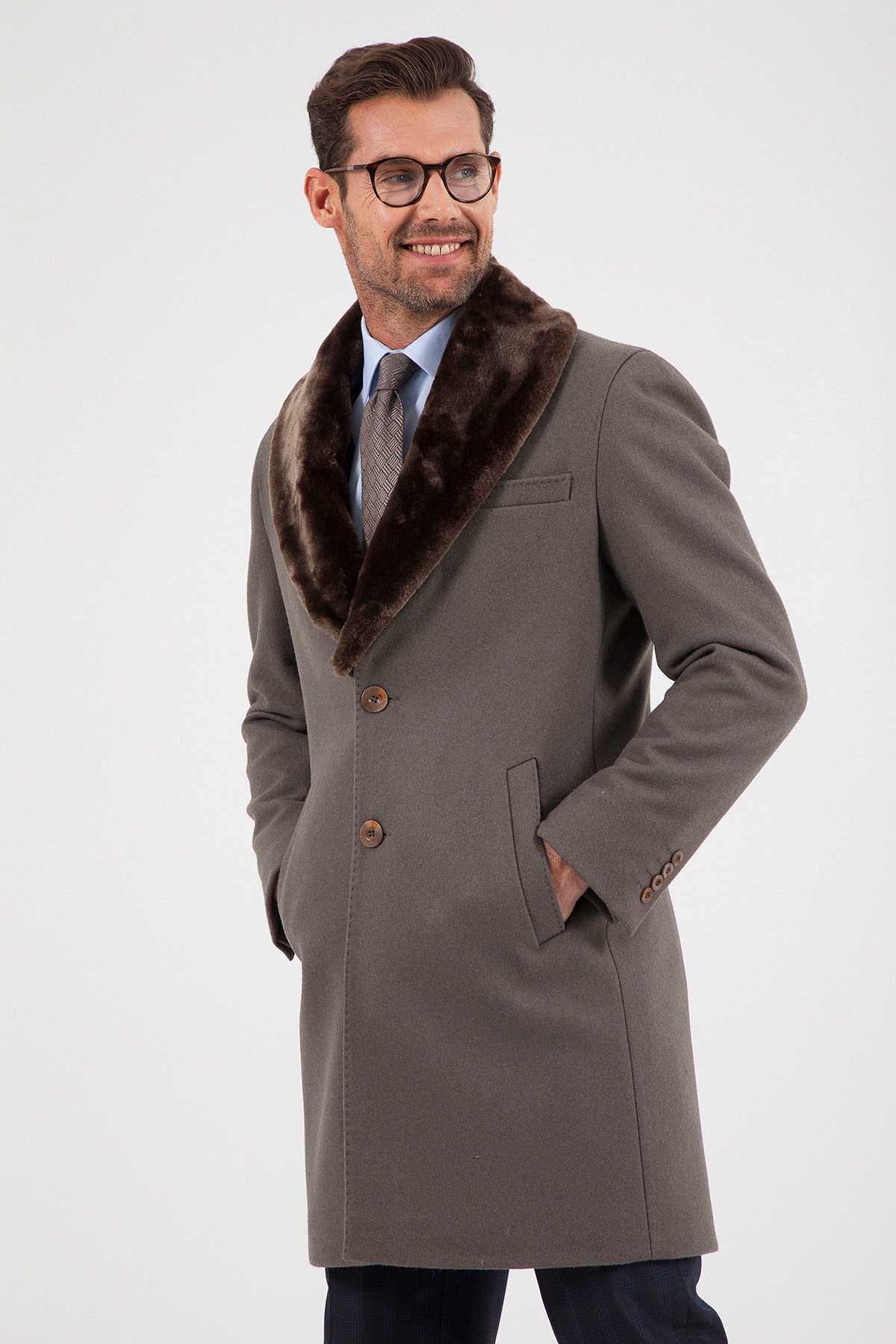 Slim Fit Notch Lapel Wool Light Beige Overcoat Mink - MIB