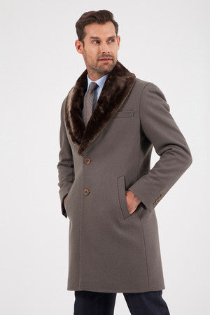 Slim Fit Notch Lapel Wool Light Beige Overcoat Mink - MIB