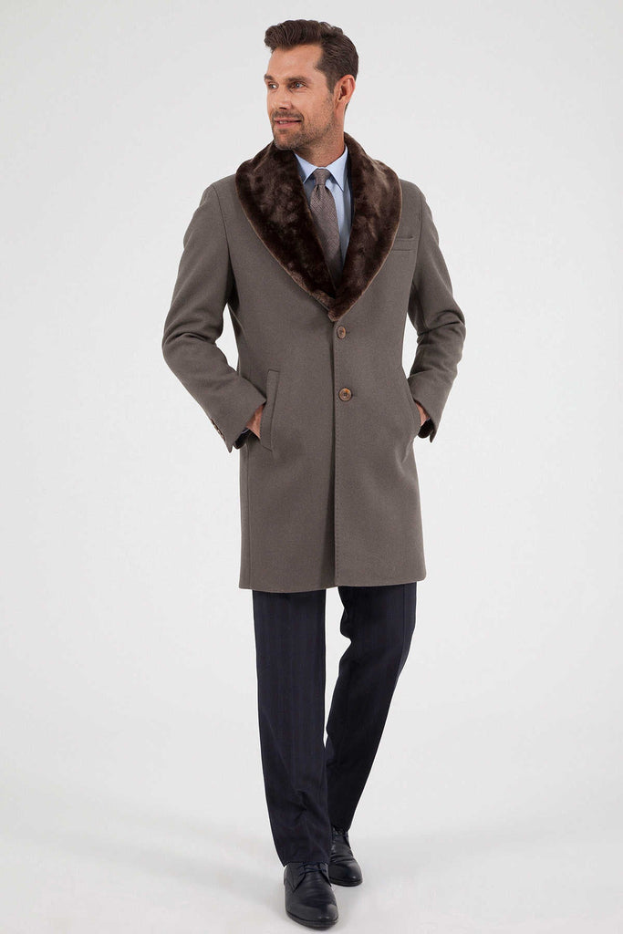 Slim Fit Notch Lapel Wool Light Beige Overcoat Mink - MIB