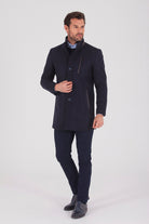 Slim Fit Notch Lapel Wool Navy Overcoat Light Navy - MIB