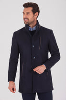 Slim Fit Notch Lapel Wool Navy Overcoat Light Navy - MIB