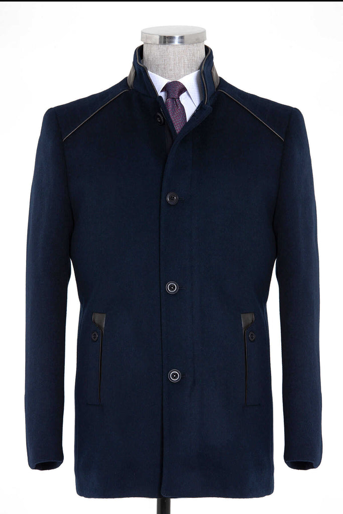 Slim Fit Notch Lapel Wool Navy Overcoat Navy - MIB