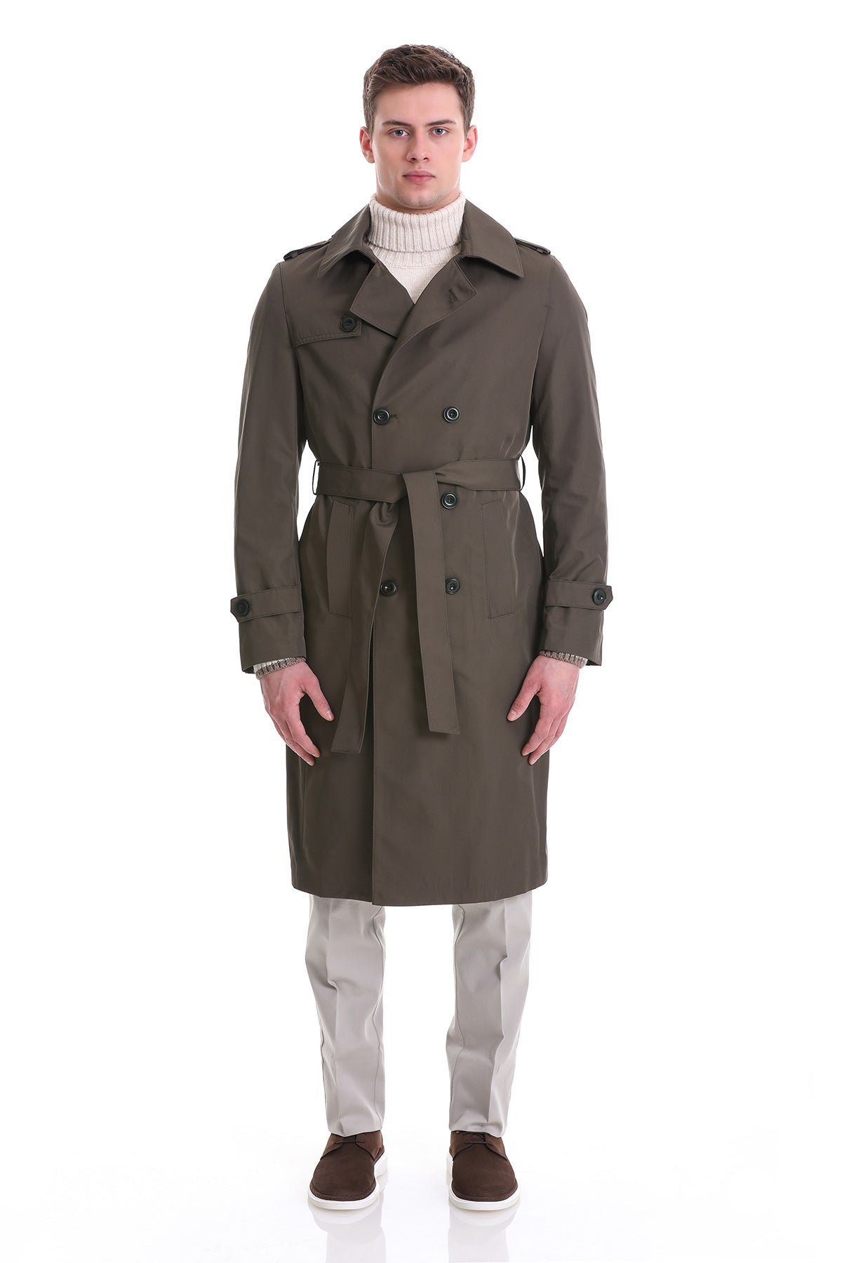 Slim Fit Odesa Flat Collar Khaki Long Coat - MIB