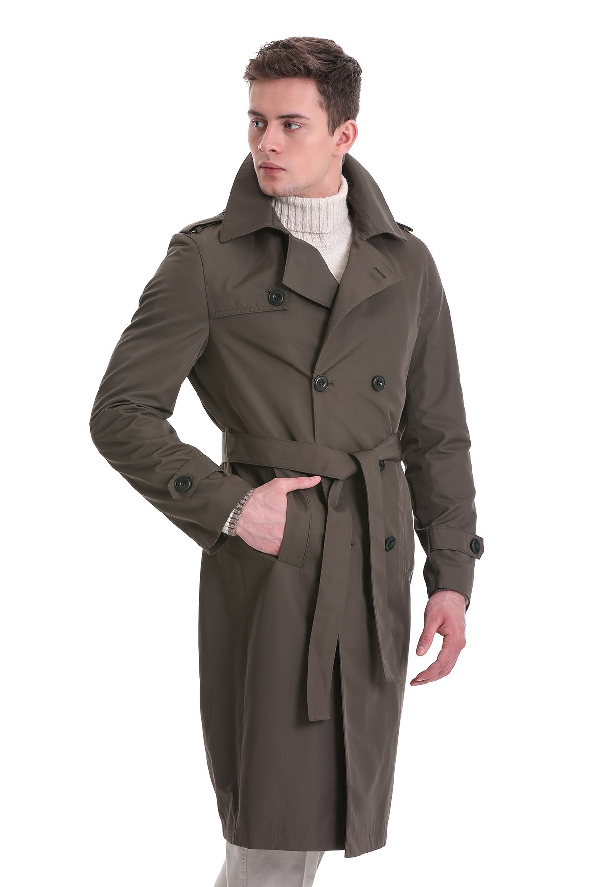 Slim Fit Odesa Flat Collar Khaki Long Coat - MIB