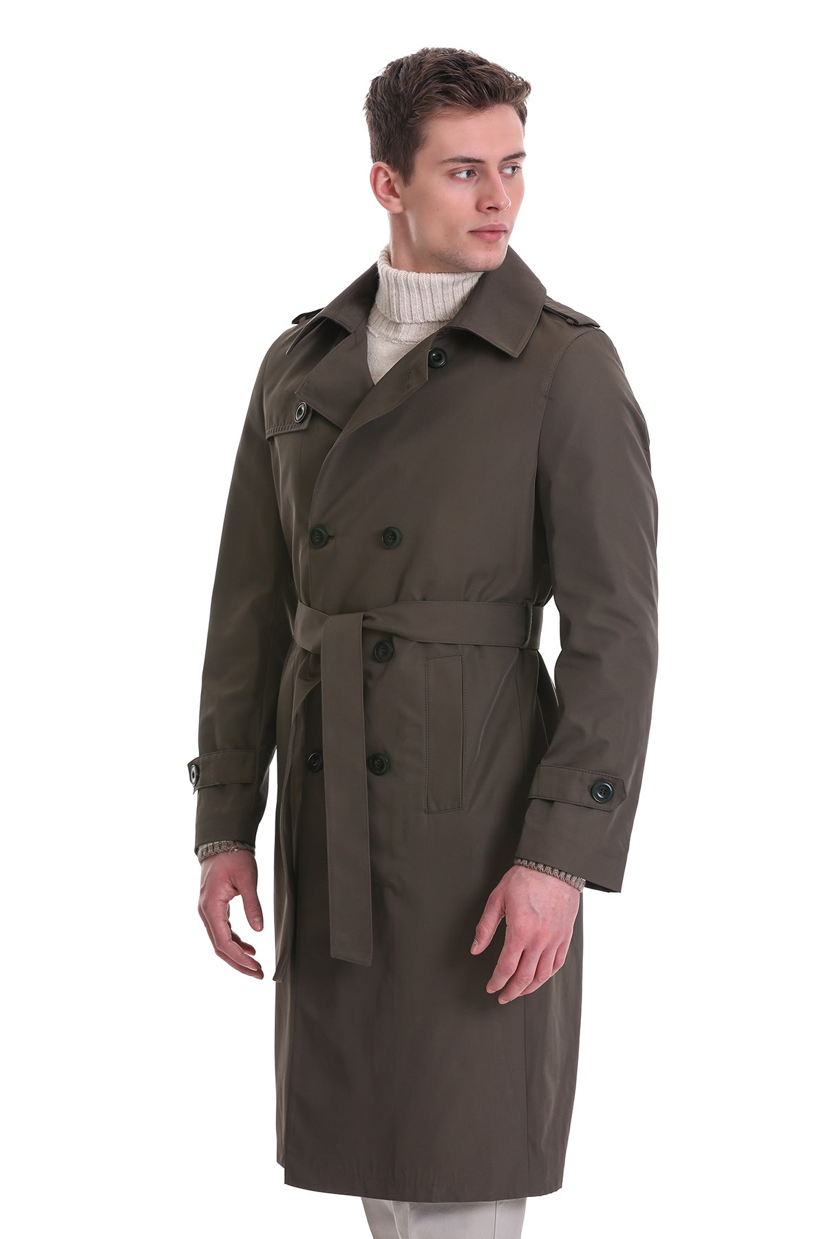 Slim Fit Odesa Flat Collar Long Coat Khaki - MIB