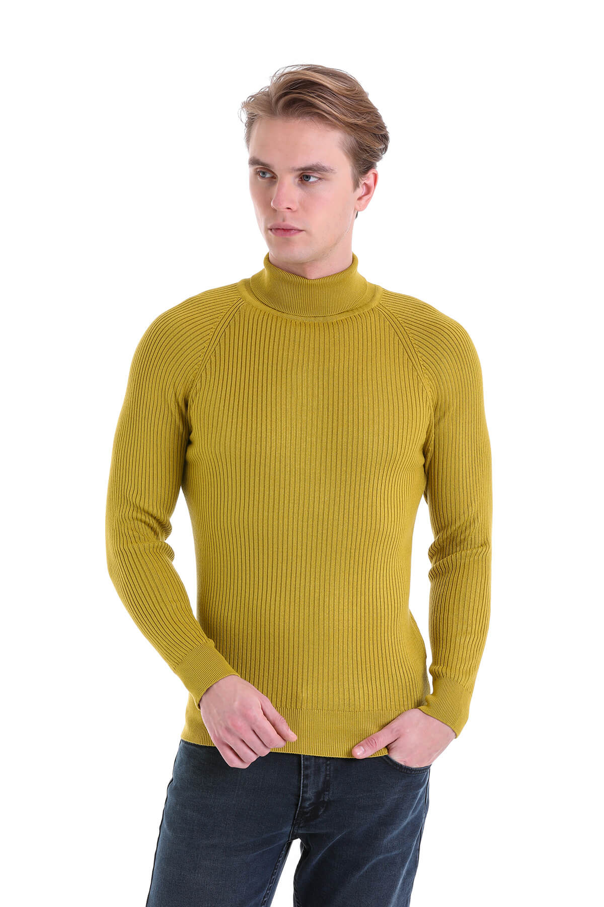 Slim Fit Olive Turtleneck Sweater - SAYKI