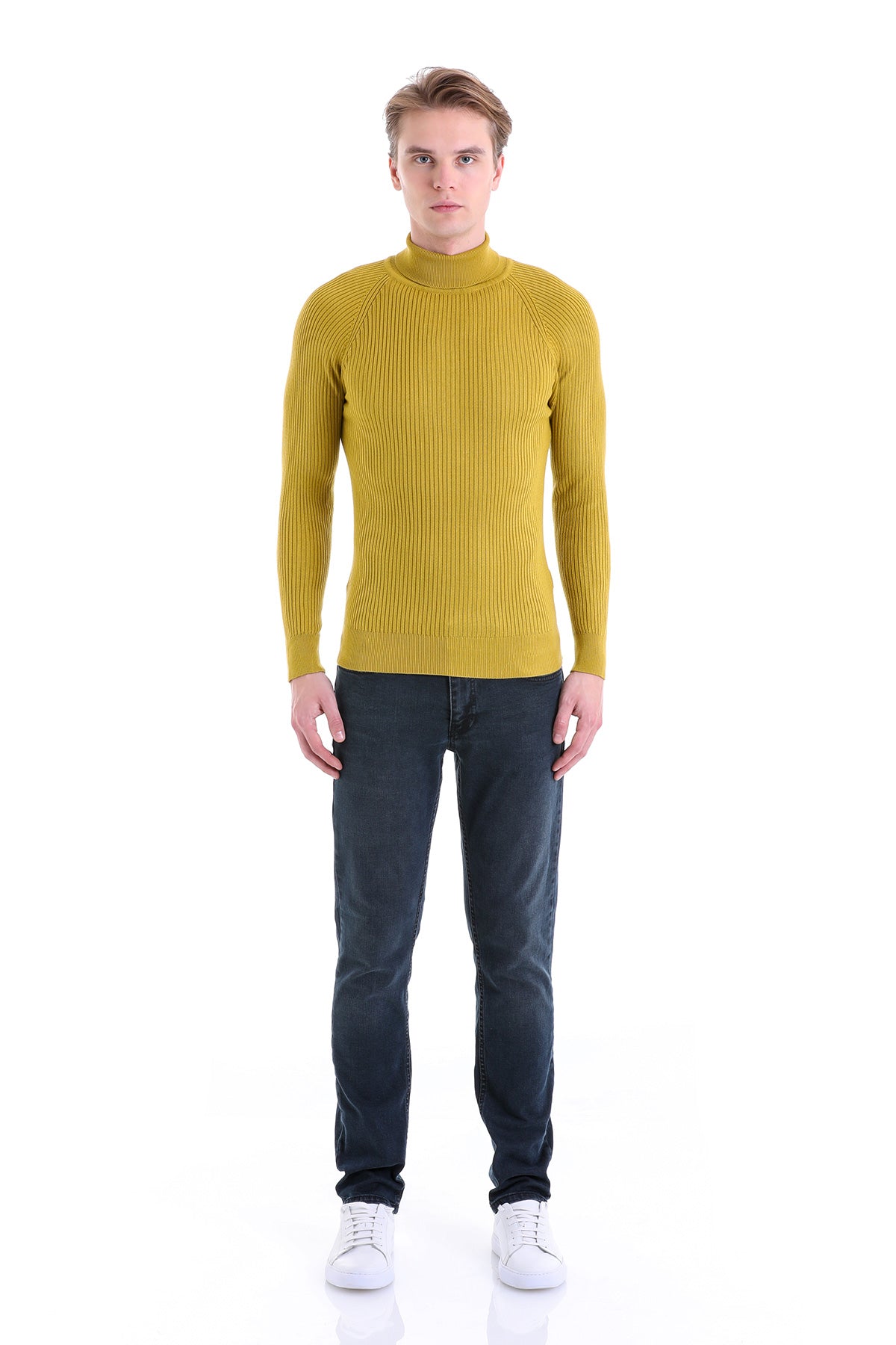 Slim Fit Olive Turtleneck Sweater - SAYKI