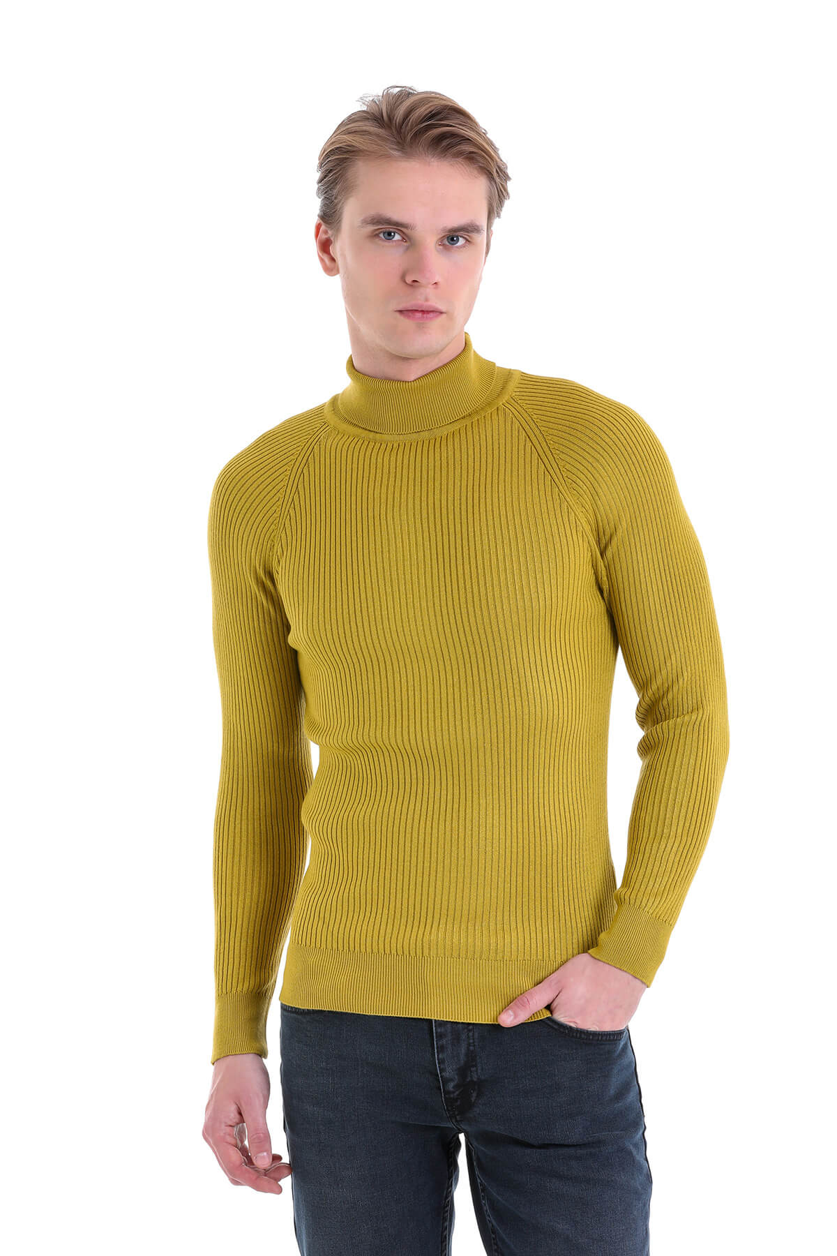 Slim Fit Olive Turtleneck Sweater - SAYKI