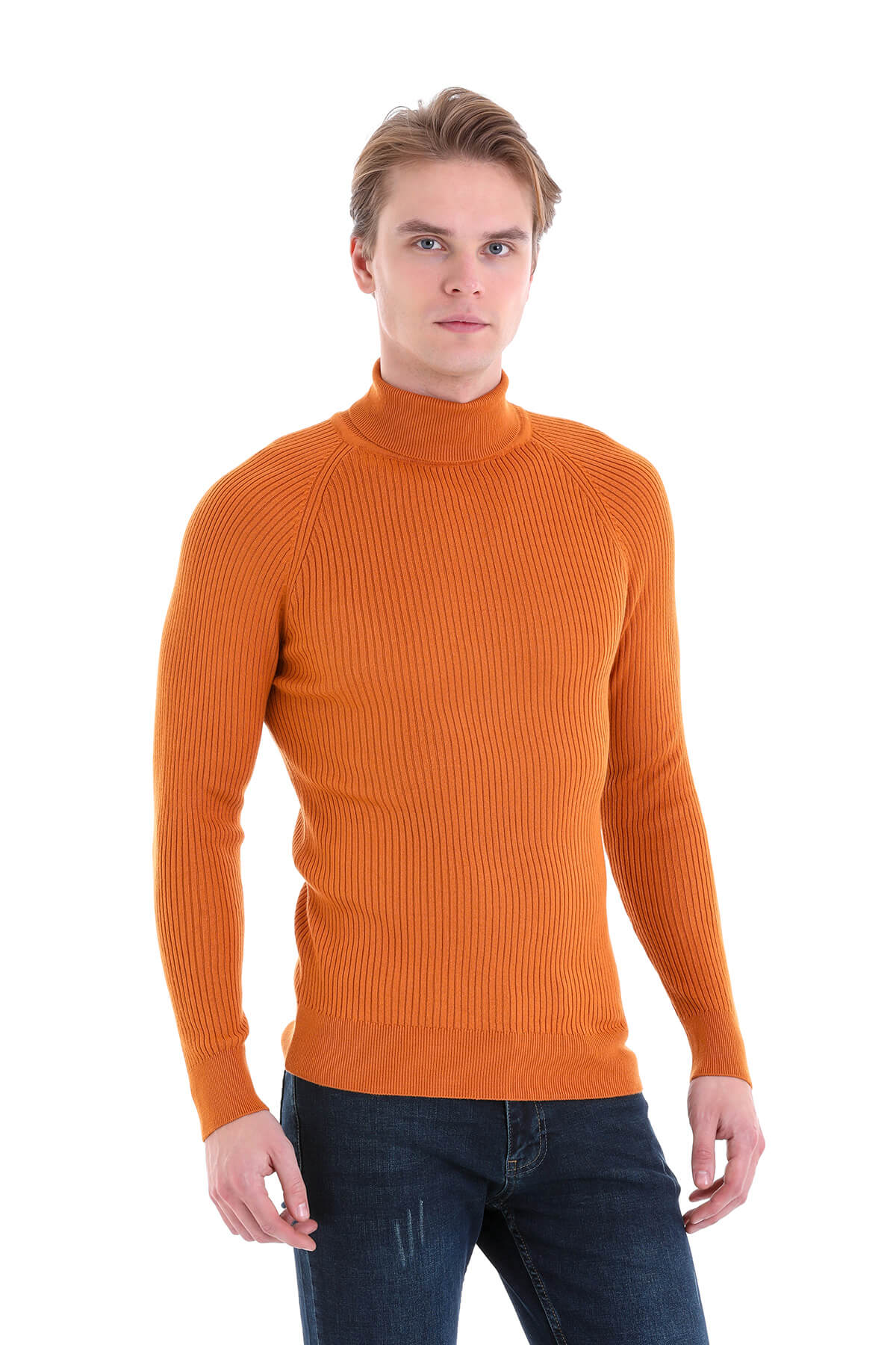 Slim Fit Orange Turtleneck Sweater - SAYKI