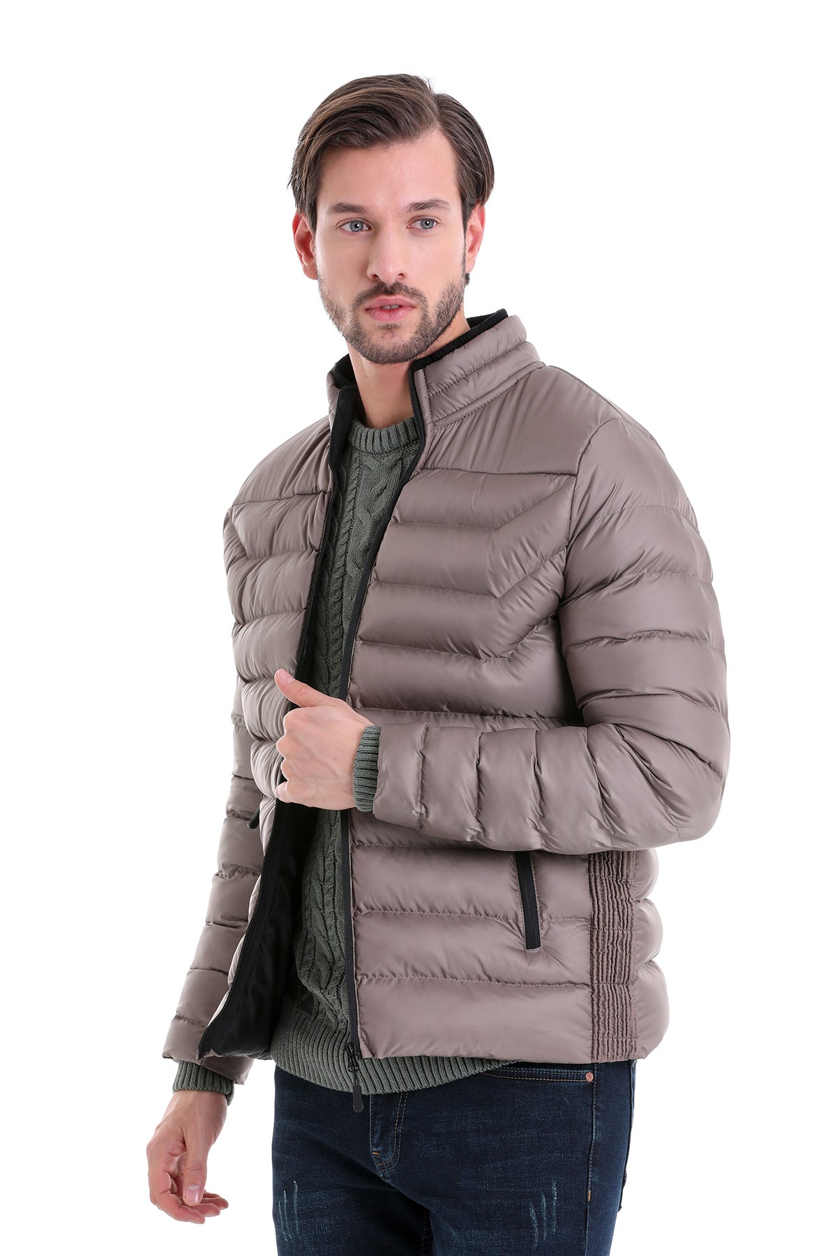 Slim Fit Padded EPHESUS Stand Collar Light Gray Coat Mink