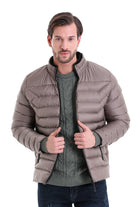 Slim Fit Padded EPHESUS Stand Collar Light Gray Coat Mink