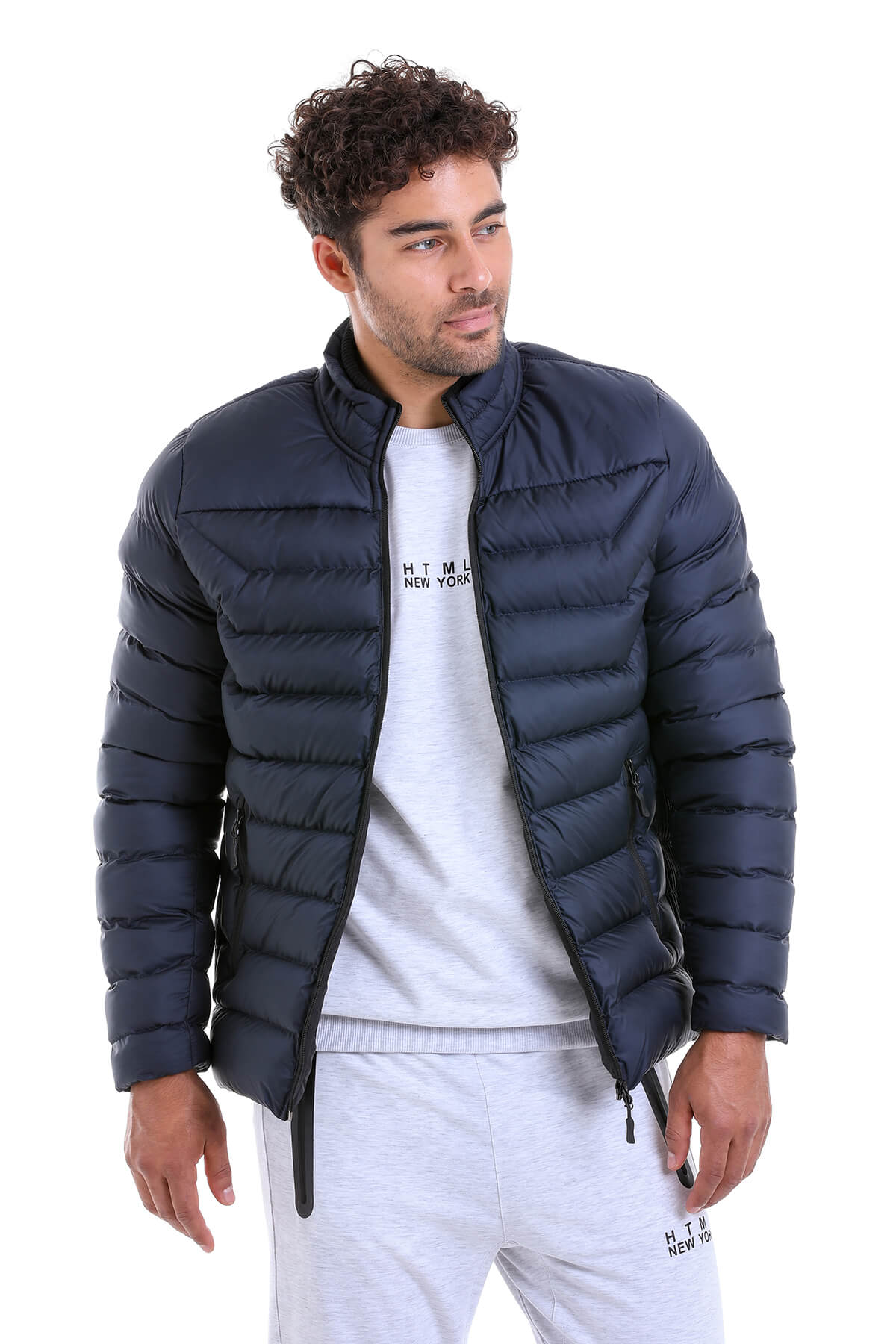 Slim Fit Padded EPHESUS Stand Collar Light Gray Coat Navy