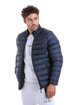 Slim Fit Padded EPHESUS Stand Collar Light Gray Coat Navy