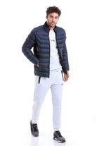 Slim Fit Padded EPHESUS Stand Collar Light Gray Coat Navy