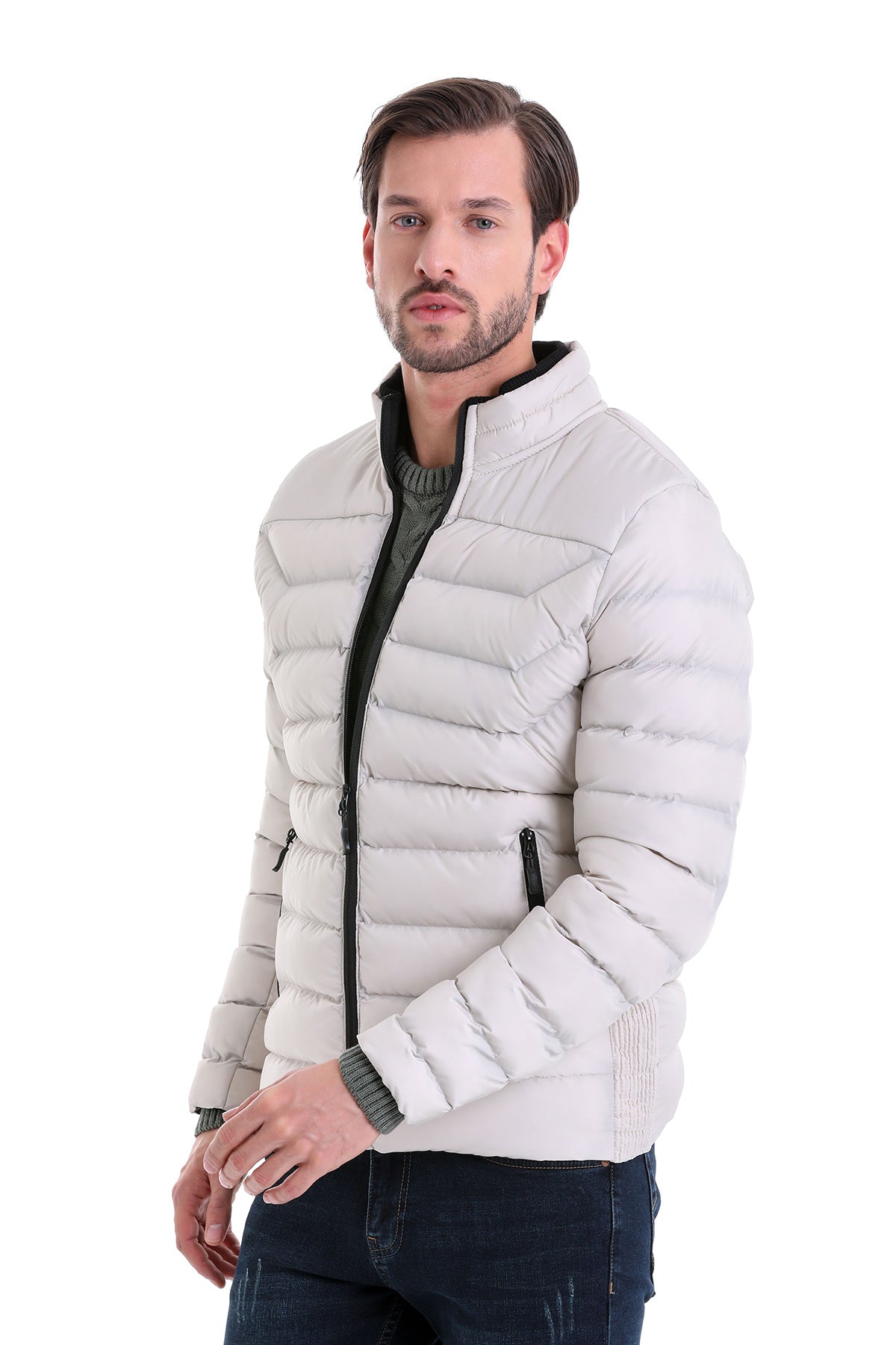 Slim Fit Padded EPHESUS Stand Collar Light Gray Coat Stone