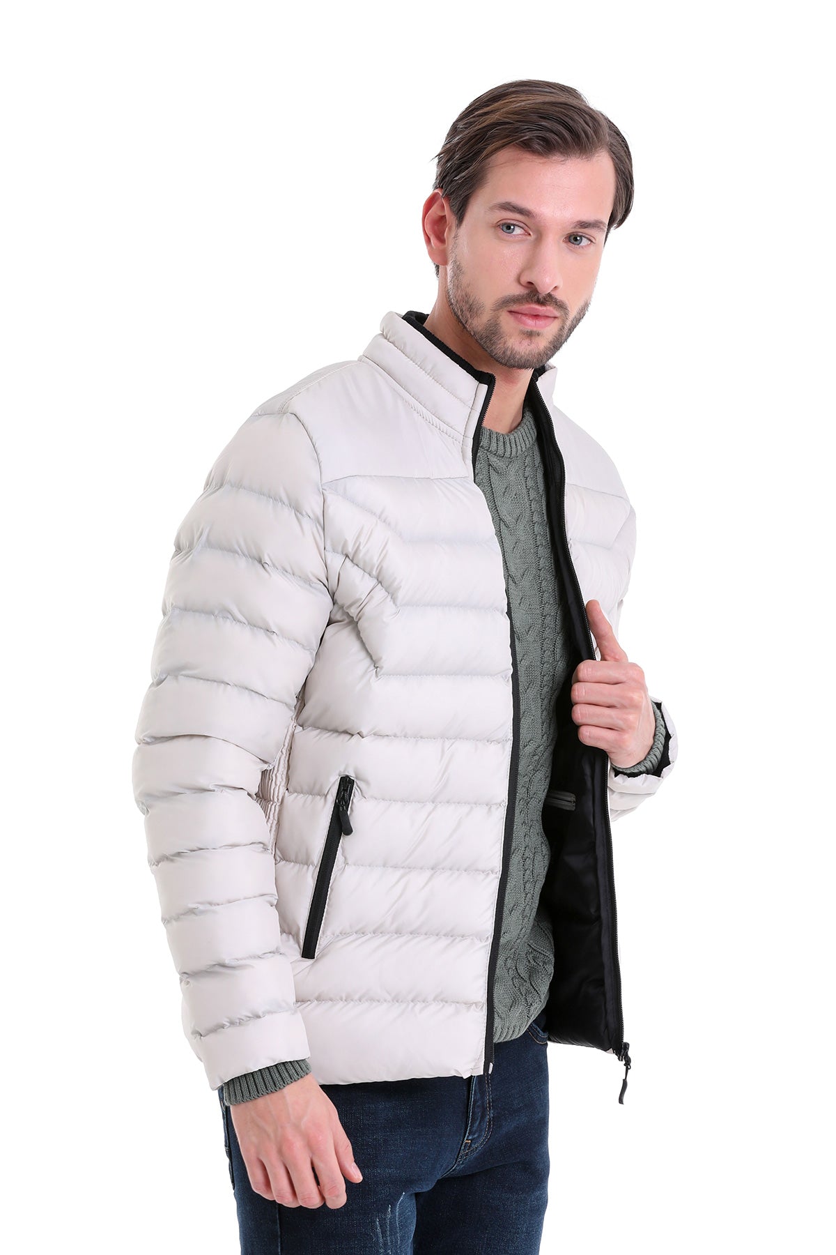 Slim Fit Padded EPHESUS Stand Collar Light Gray Coat Stone