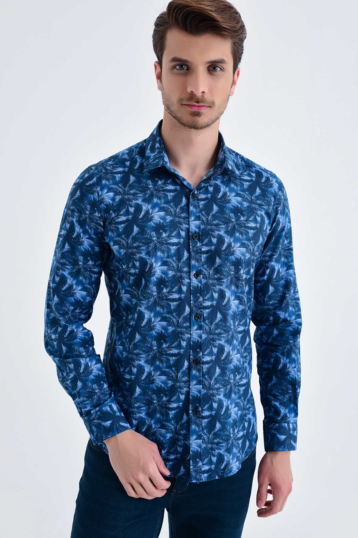 Slim Fit Palm Tree Printed Cotton Navy Casual Shirt - MIB