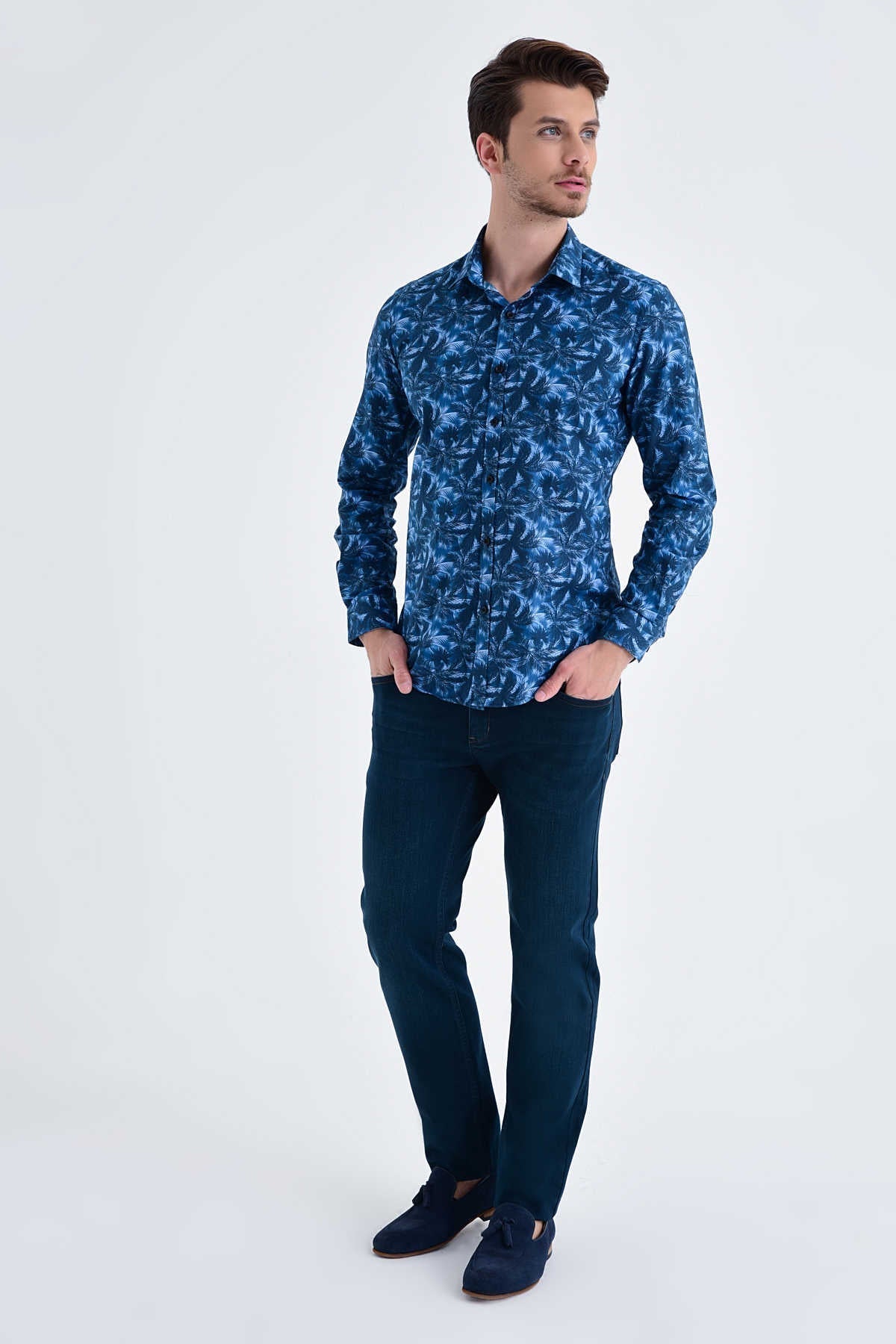 Slim Fit Palm Tree Printed Cotton Navy Casual Shirt - MIB