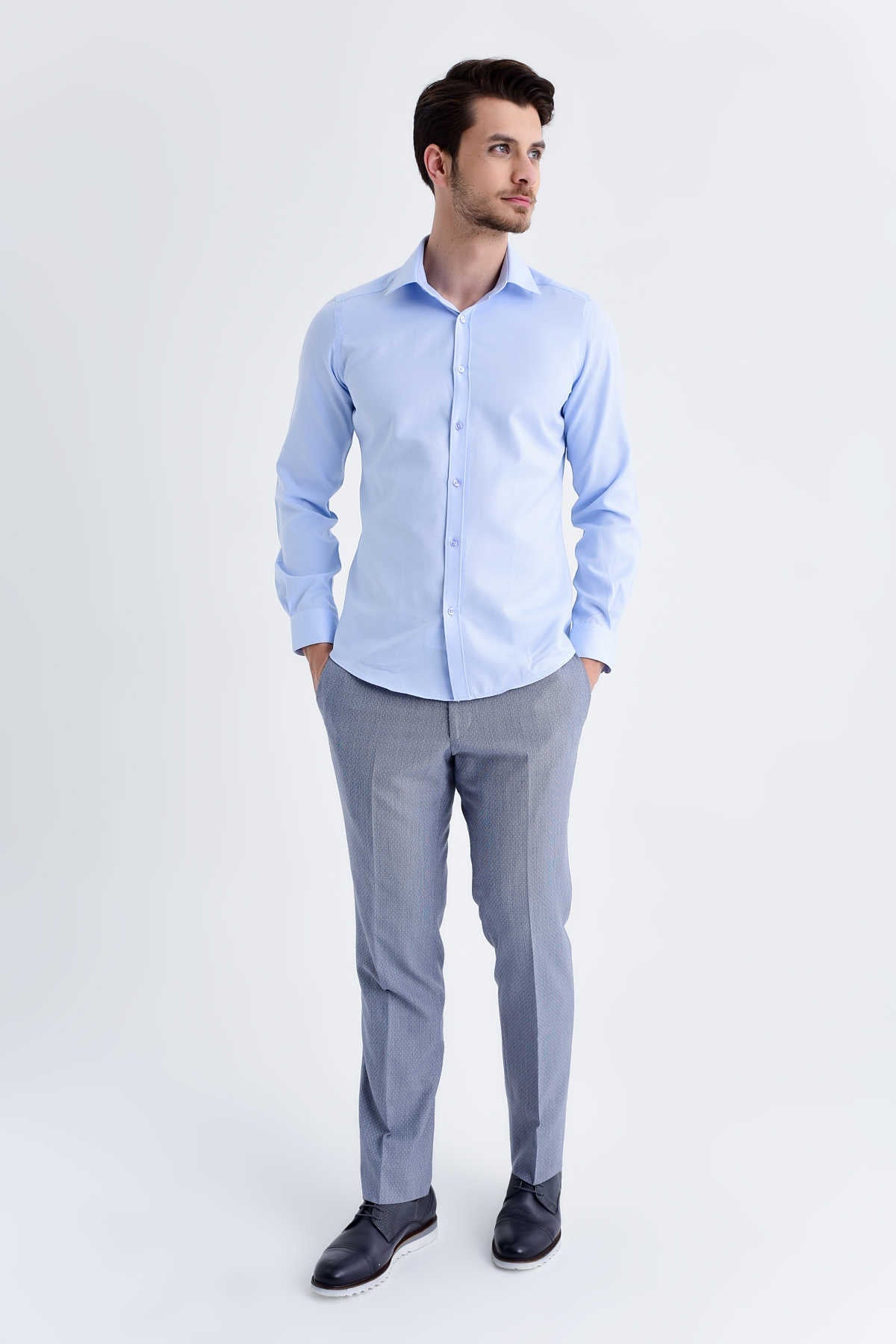 Slim Fit Patterned Cotton Blend Casual Shirt Ice Blue D.