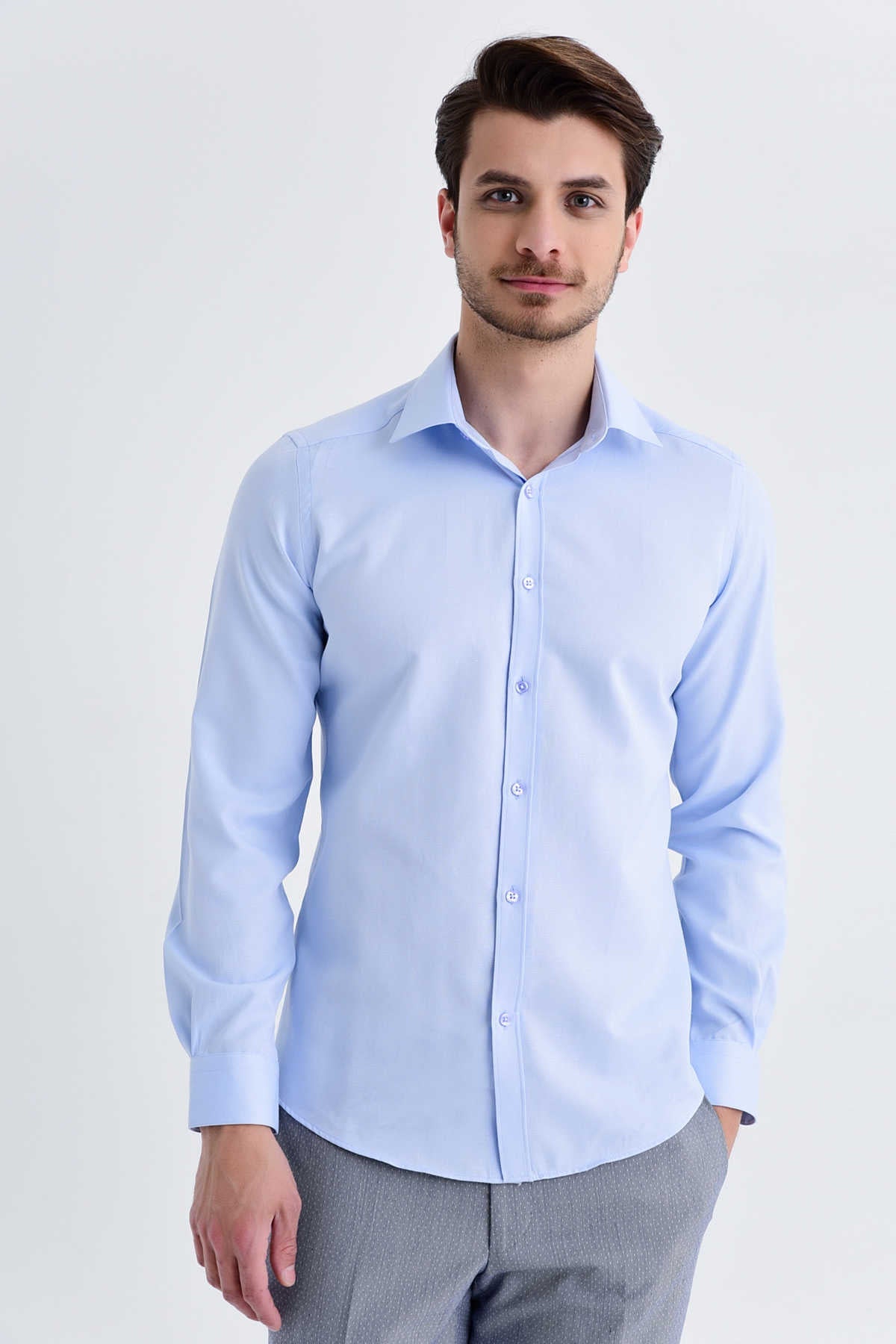 Slim Fit Patterned Cotton Blend Casual Shirt Ice Blue D.