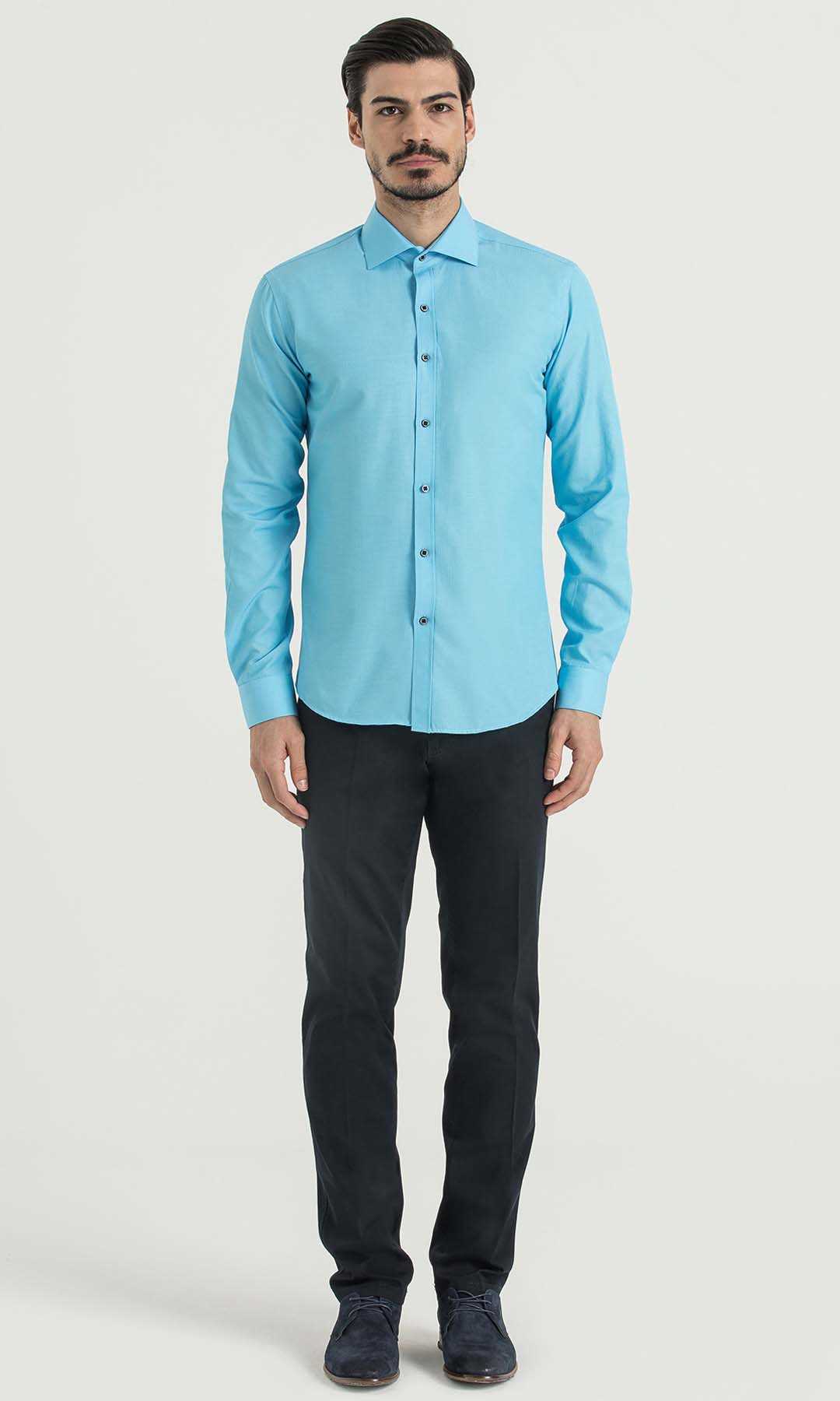 Slim Fit Patterned Cotton Blend Casual Shirt Turquoise D.