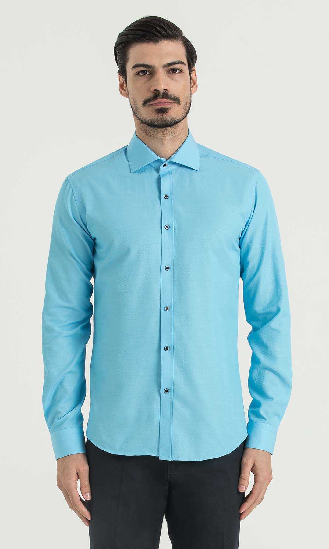 Slim Fit Patterned Cotton Blend Casual Shirt Turquoise D.