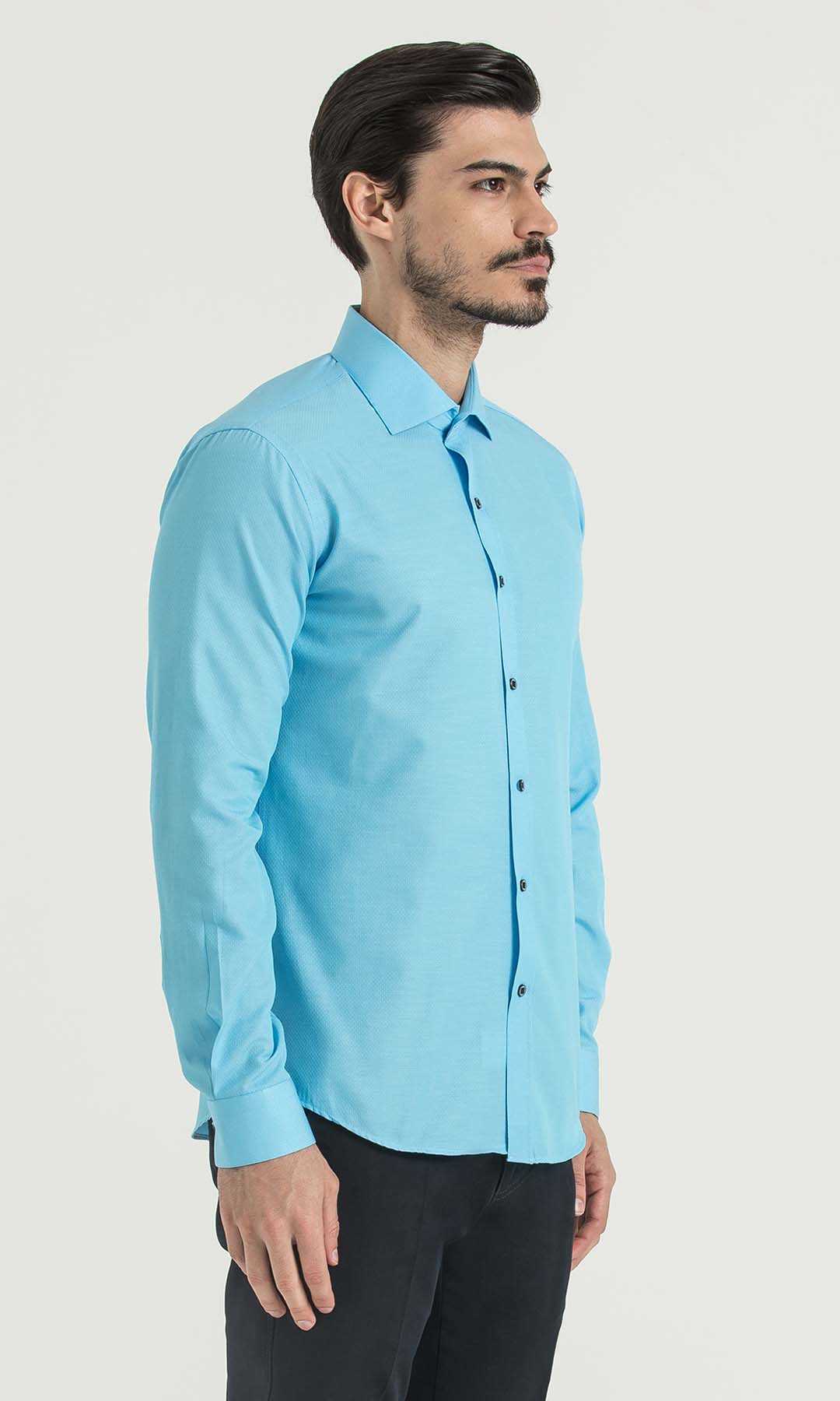 Slim Fit Patterned Cotton Blend Casual Shirt Turquoise D.