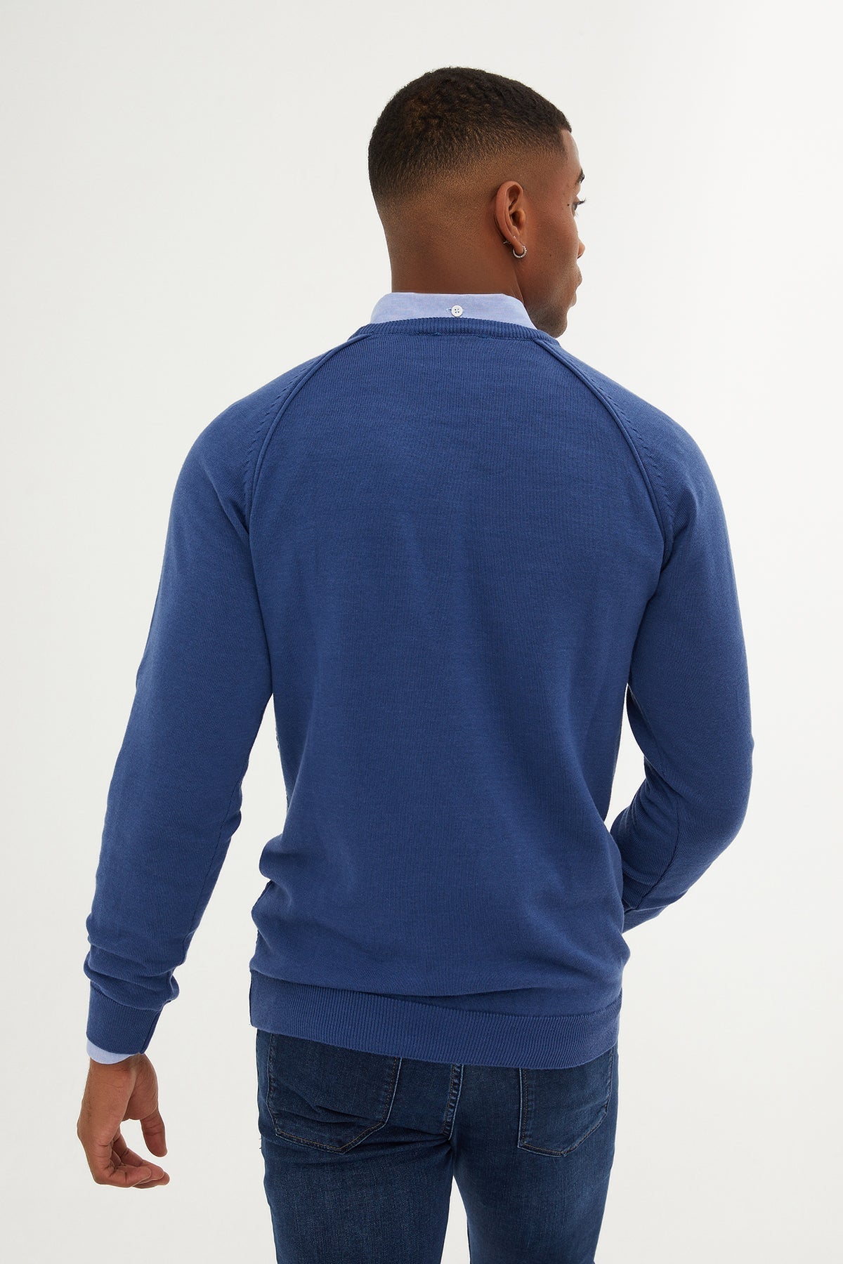 Slim Fit Patterned Cotton Blend Indigo Crewneck Sweater