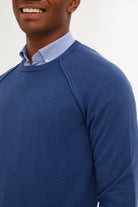 Slim Fit Patterned Cotton Blend Indigo Crewneck Sweater