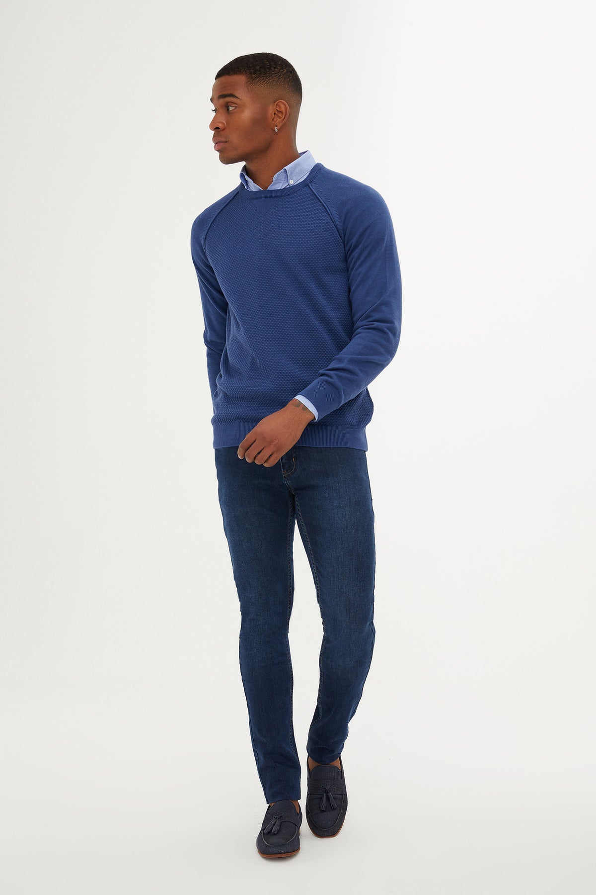 Slim Fit Patterned Cotton Blend Indigo Crewneck Sweater